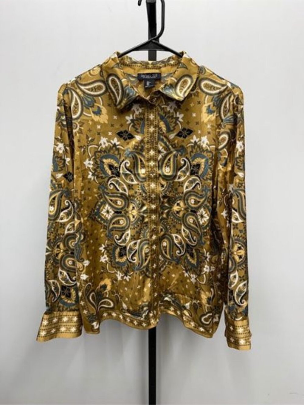 Rachel Zoe Gold Paisley Print Button Down Long Sleeve Silk-Like Blouse